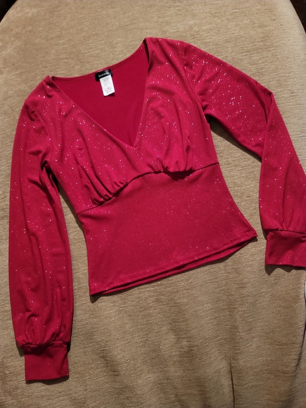 Sparkly V-Neck Long Sleeve Red Blouse